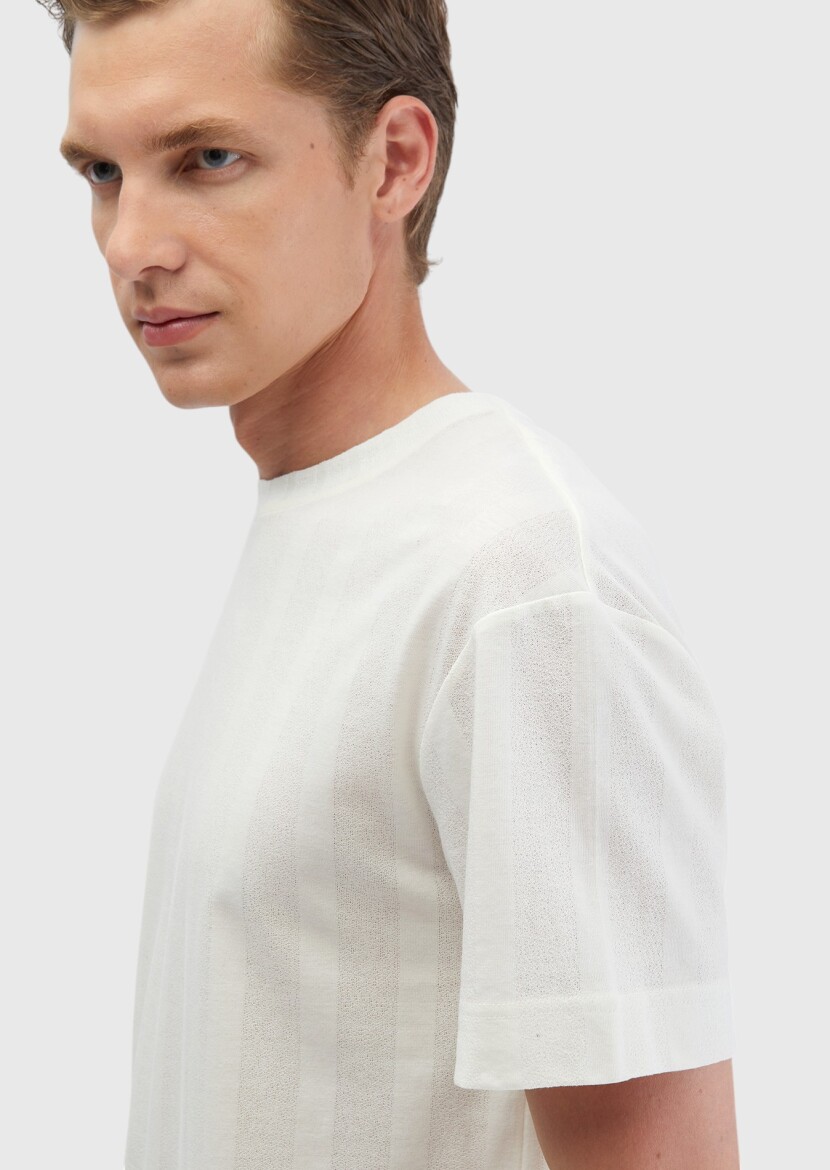 Ecru Jacquard Crew Neck 100% Cotton T-Shirt - 4