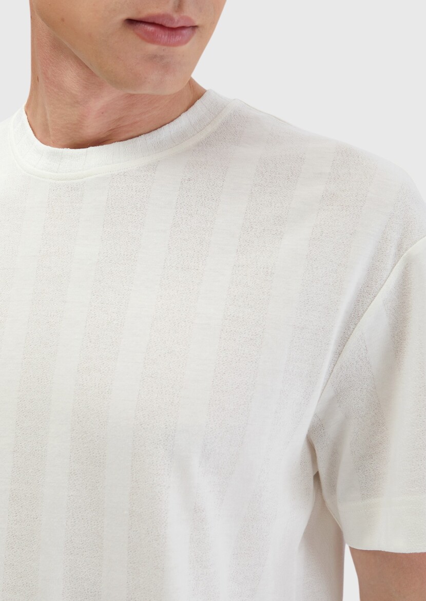 Ecru Jacquard Crew Neck 100% Cotton T-Shirt - 5