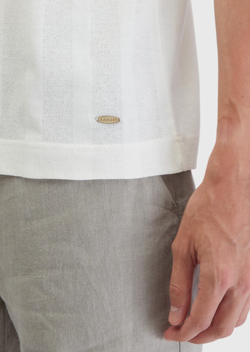 Ecru Jacquard Crew Neck 100% Cotton T-Shirt - 6