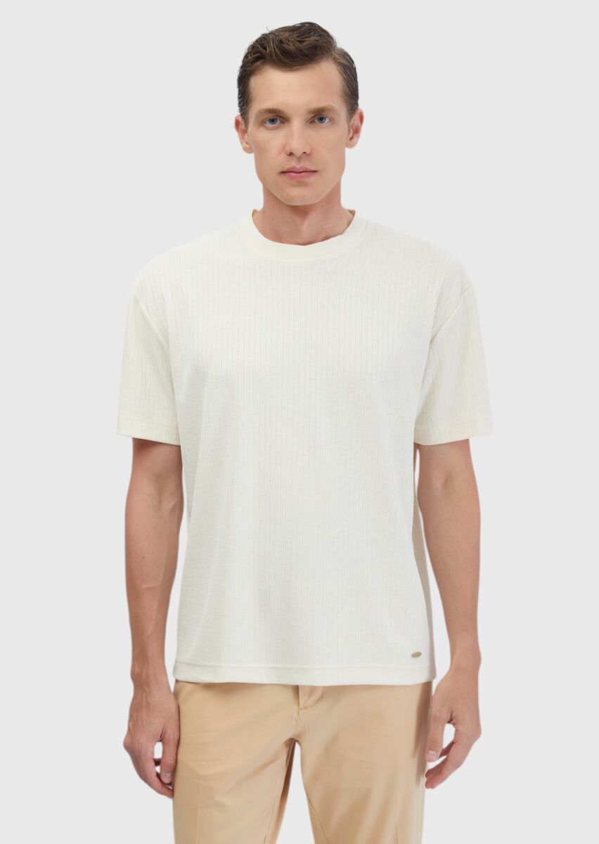 Ecru Jacquard Crew Neck T-Shirt - 3