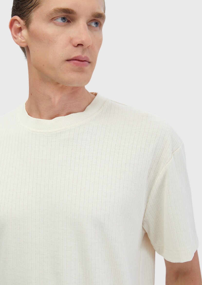 Ecru Jacquard Crew Neck T-Shirt - 4