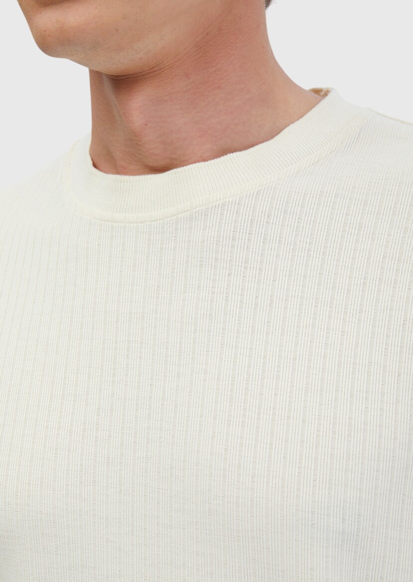 Ecru Jacquard Crew Neck T-Shirt - 5