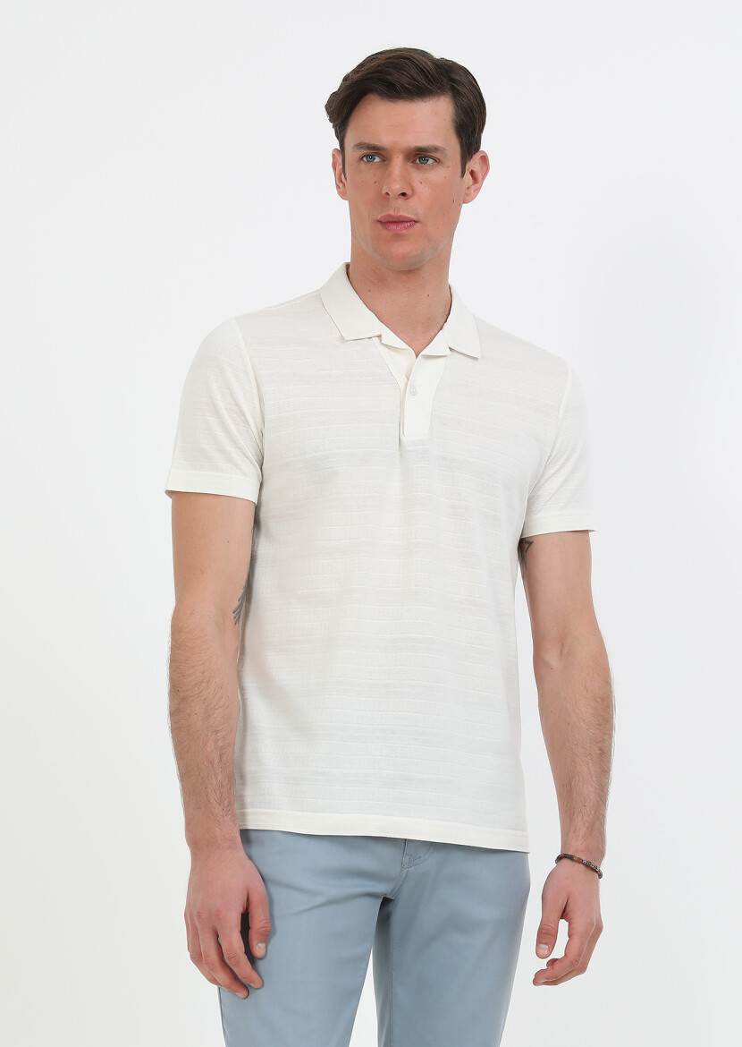 Ecru Jacquard Cuban Collar 100% Cotton T-Shirt - 3