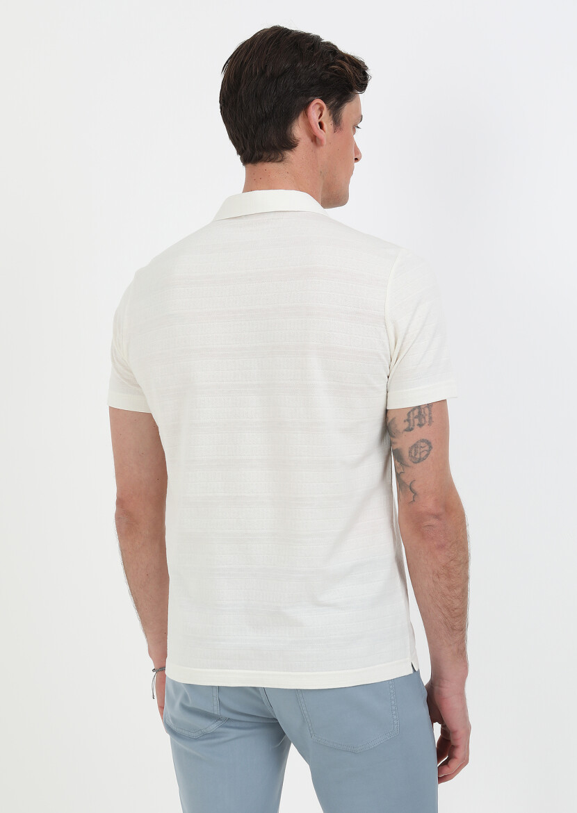 Ecru Jacquard Cuban Collar 100% Cotton T-Shirt - 6