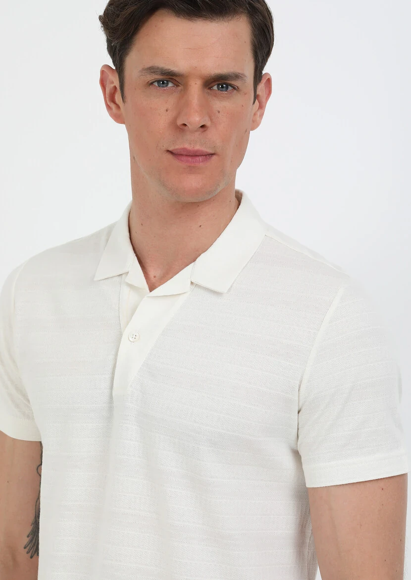 Ecru Jacquard Cuban Collar 100% Cotton T-Shirt - 1