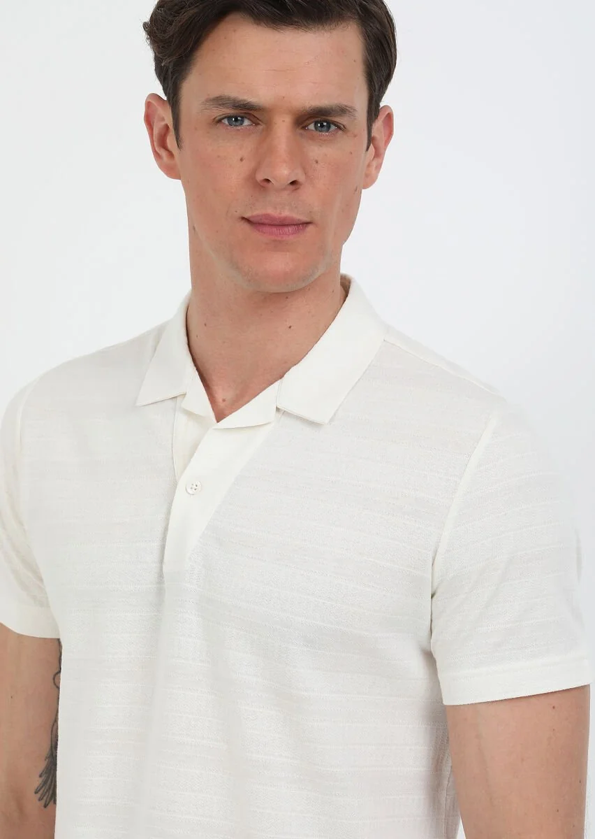 Ecru Jacquard Cuban Collar 100% Cotton T-Shirt - 1