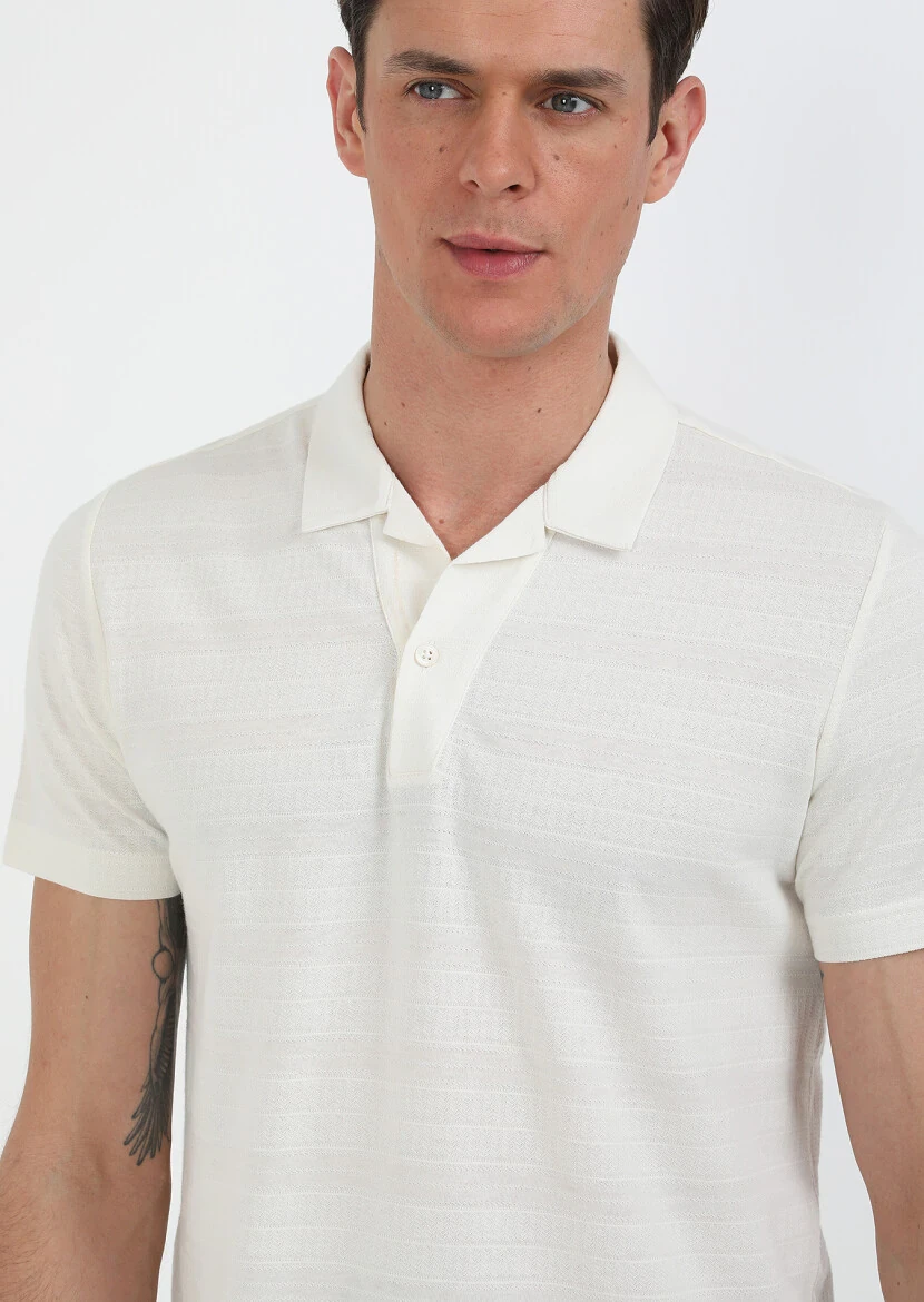 Ecru Jacquard Cuban Collar 100% Cotton T-Shirt - 2