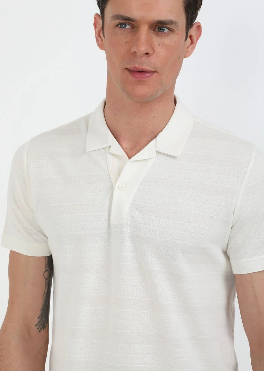 Ecru Jacquard Cuban Collar 100% Cotton T-Shirt - 2