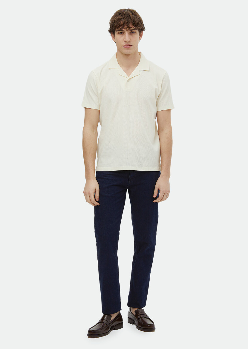 Ecru Jacquard Cuban Collar 100% Cotton T-Shirt 