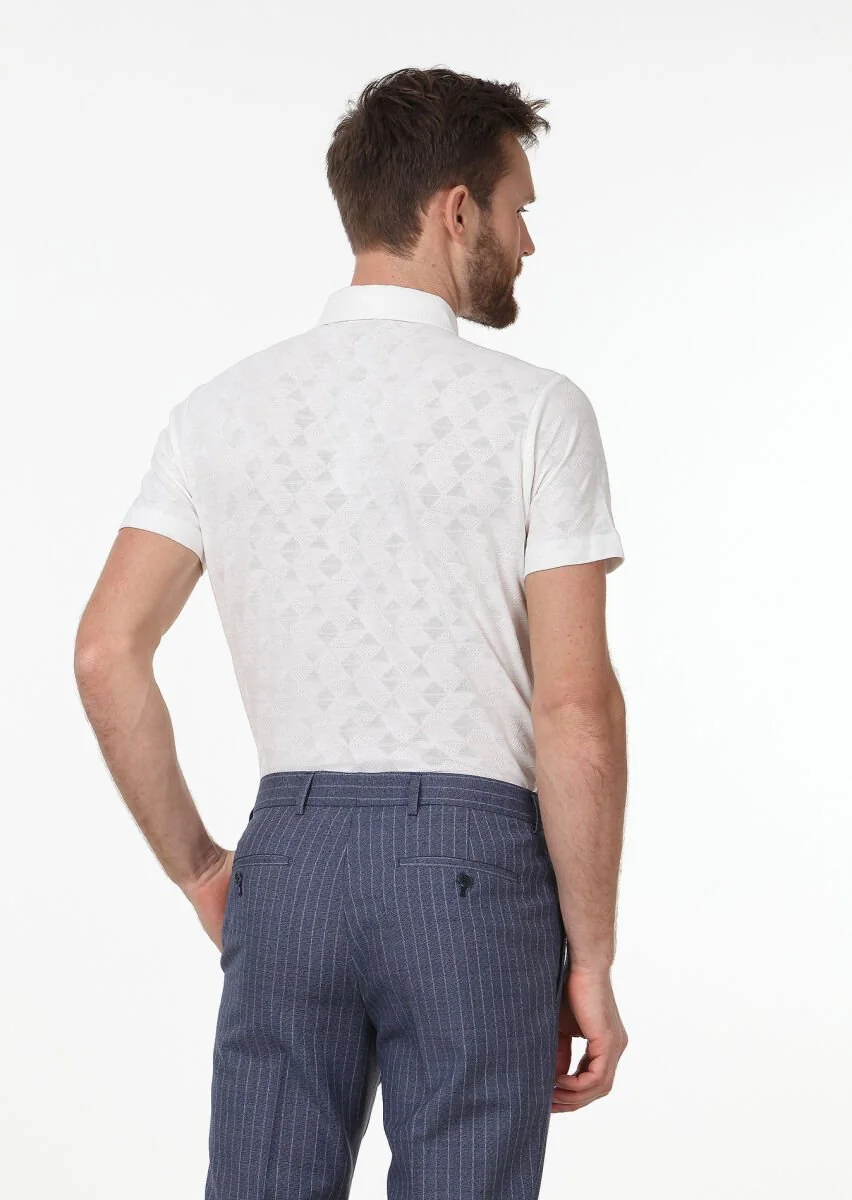 Ecru Jacquard Polo Neck 100% Cotton T-Shirt - 4