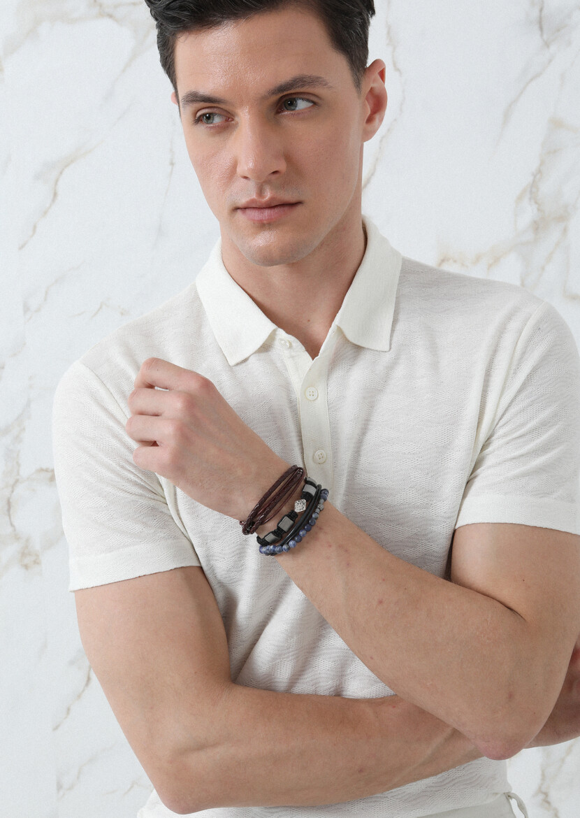 Ecru Jacquard Polo Neck 100% Cotton T-Shirt - 1