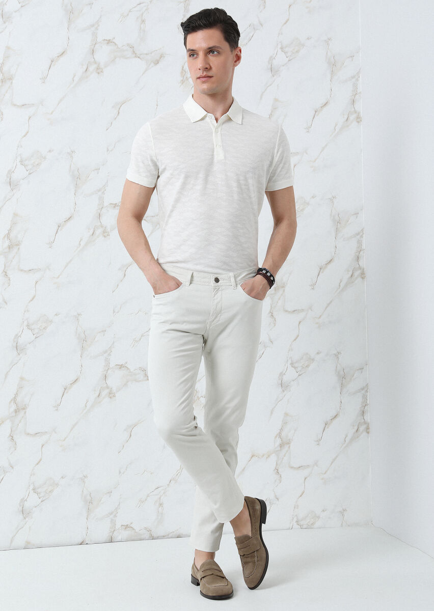 Ecru Jacquard Polo Neck 100% Cotton T-Shirt - 3