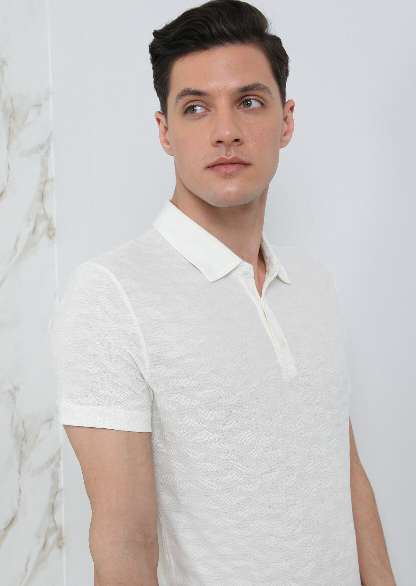 Ecru Jacquard Polo Neck 100% Cotton T-Shirt - 4