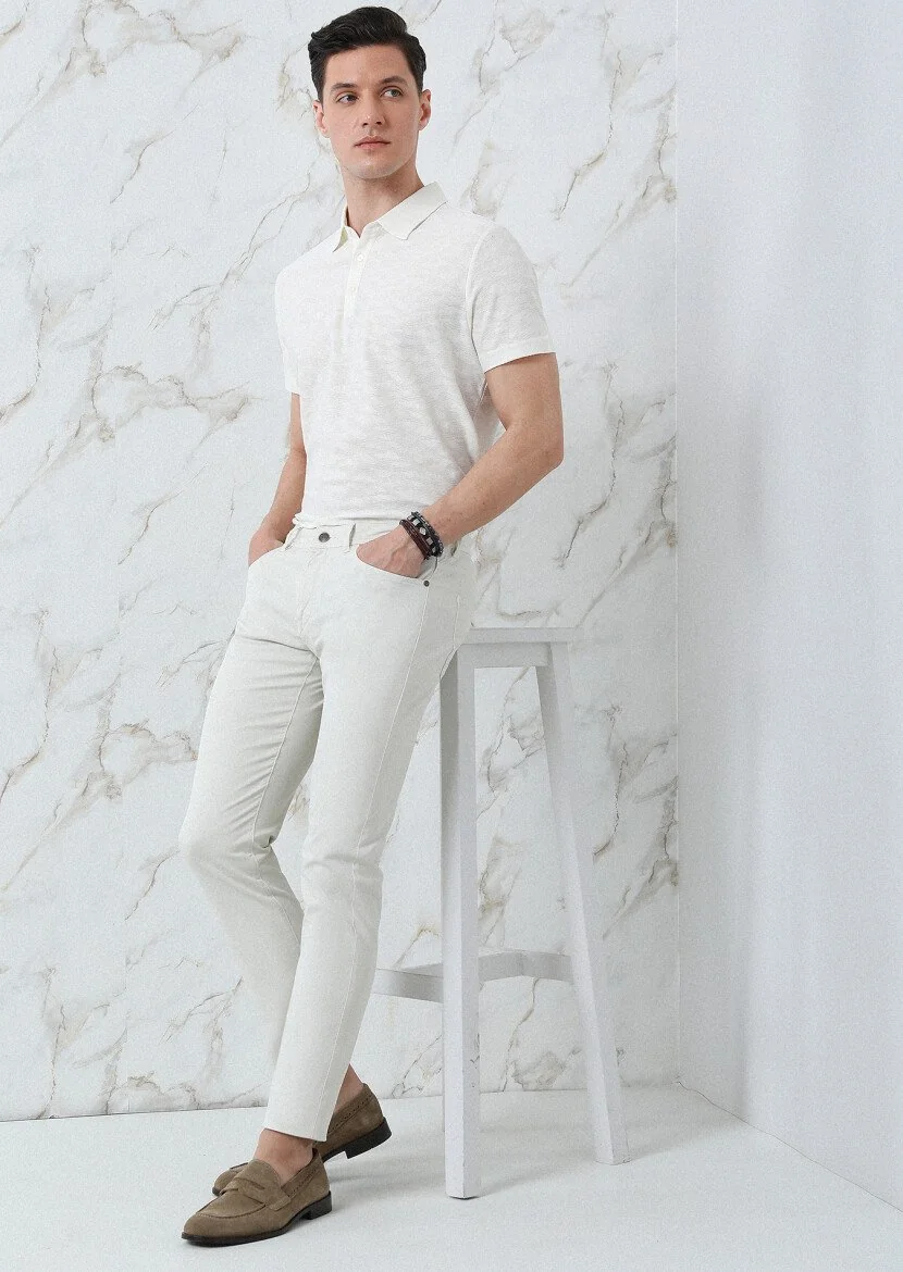Ecru Jacquard Polo Neck 100% Cotton T-Shirt 