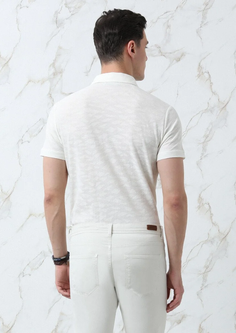 Ecru Jacquard Polo Neck 100% Cotton T-Shirt - 5