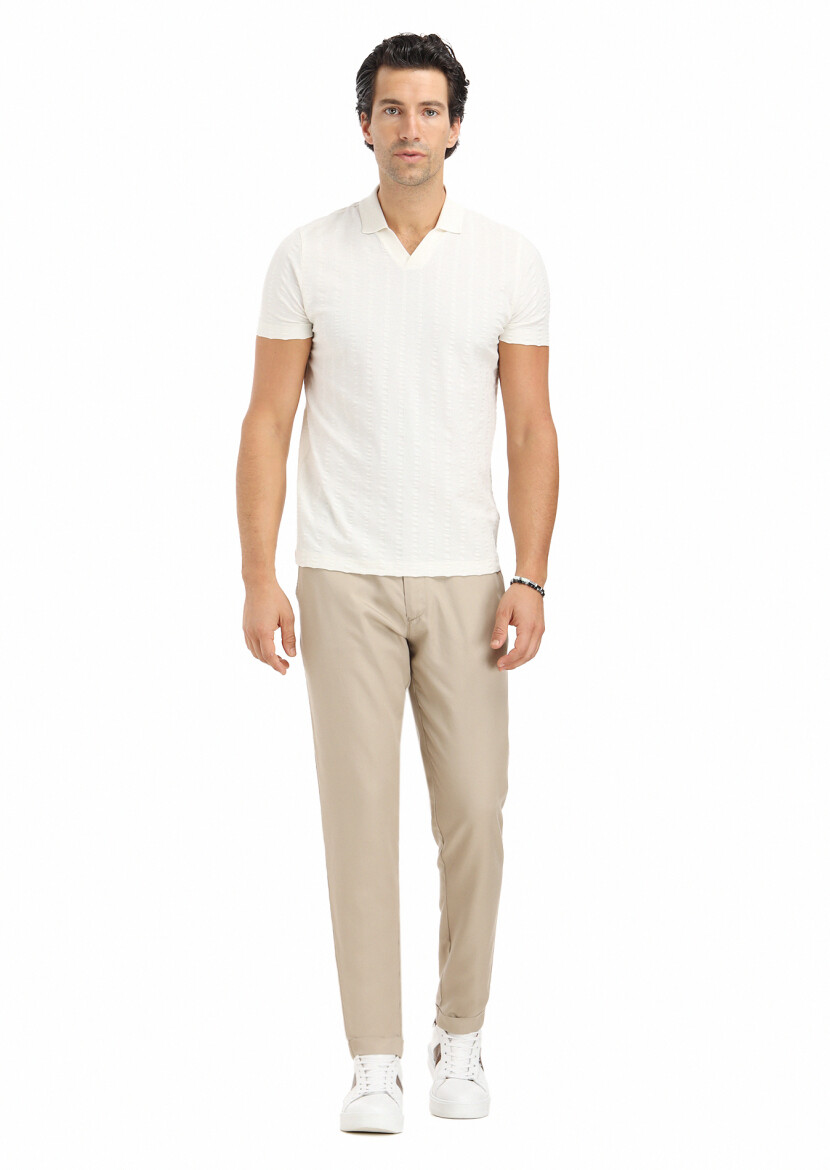 Ecru Jacquard Polo Neck 100% Cotton T-Shirt 