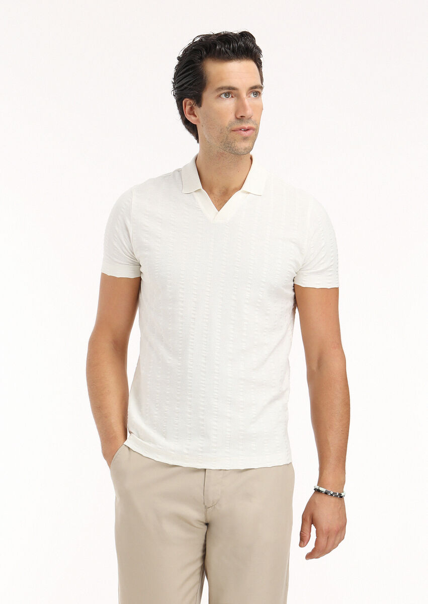 Ecru Jacquard Polo Neck 100% Cotton T-Shirt - 2