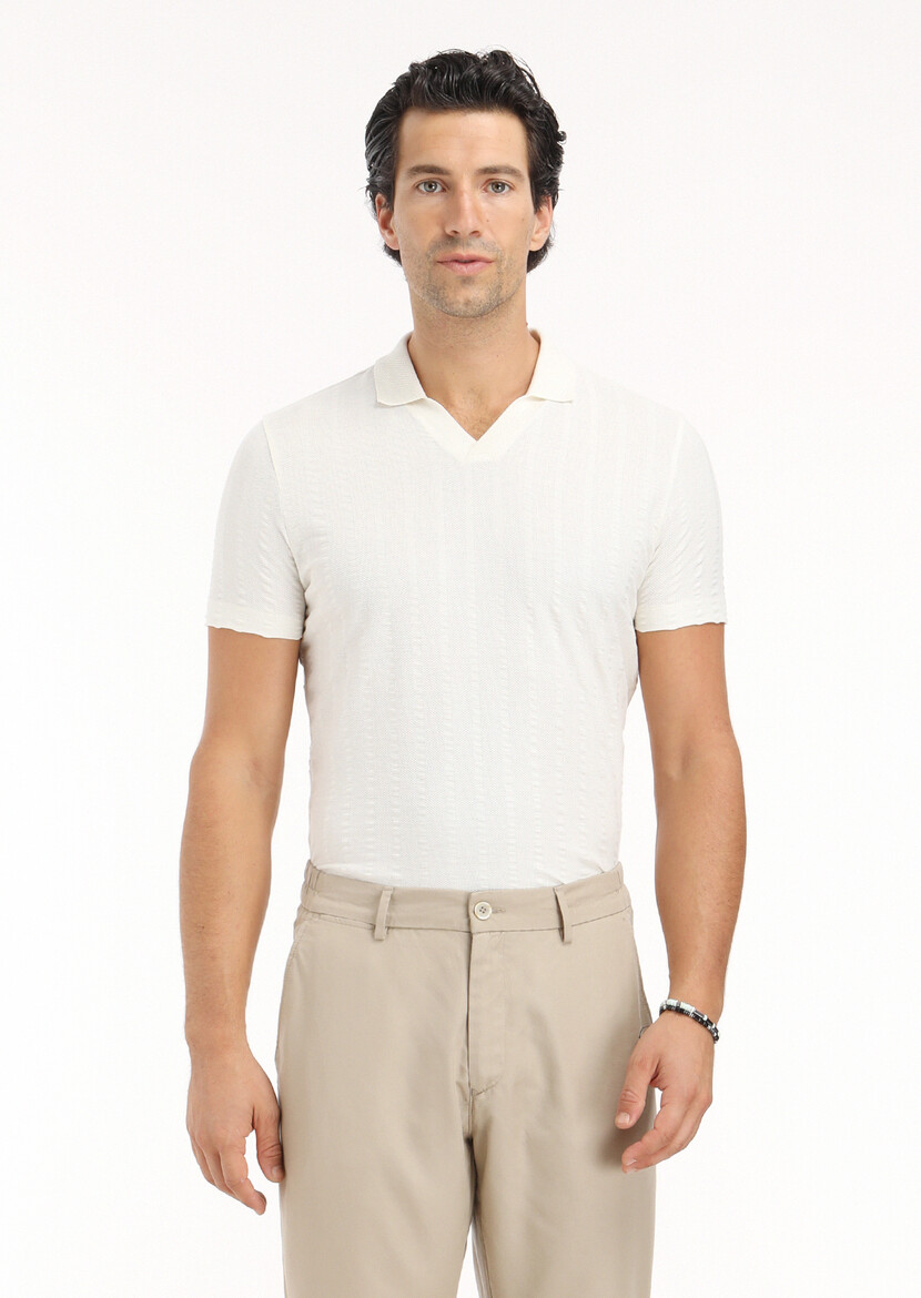 Ecru Jacquard Polo Neck 100% Cotton T-Shirt - 3