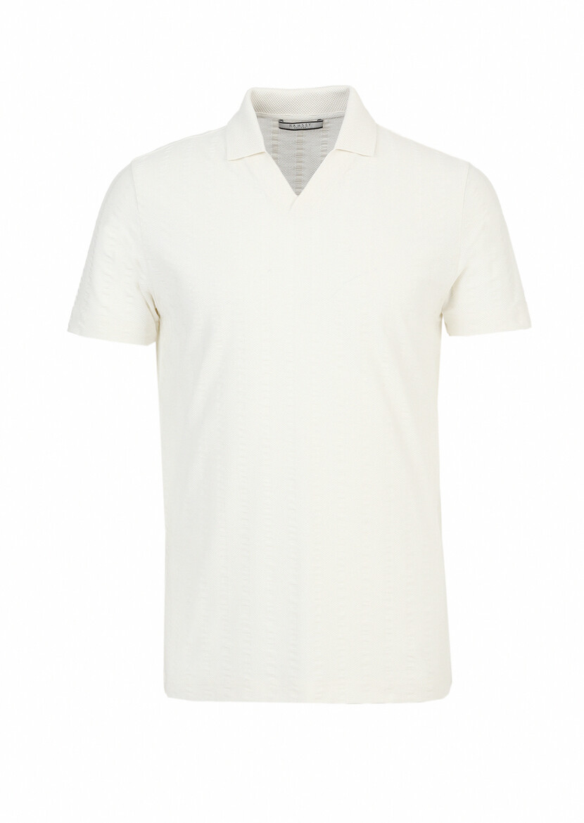 Ecru Jacquard Polo Neck 100% Cotton T-Shirt - 6