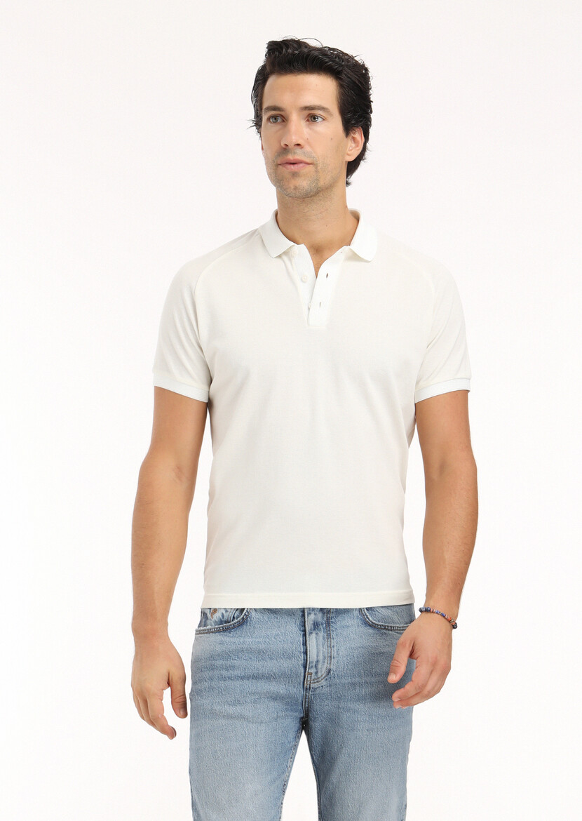 Ecru Jacquard Polo Neck 100% Cotton T-Shirt - 2