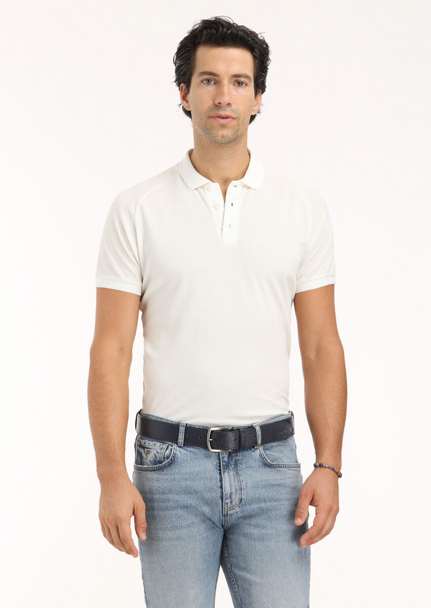 Ecru Jacquard Polo Neck 100% Cotton T-Shirt - 3