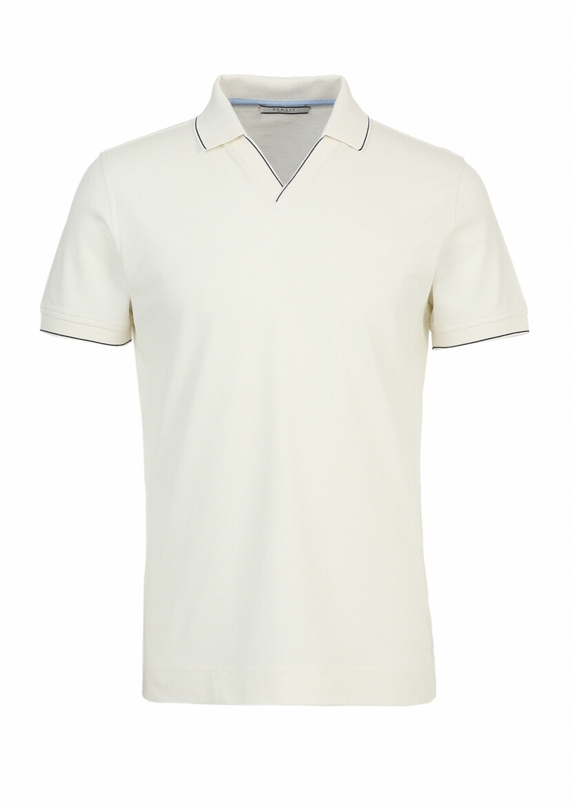 Ecru Jacquard Polo Neck 100% Cotton T-Shirt - 7