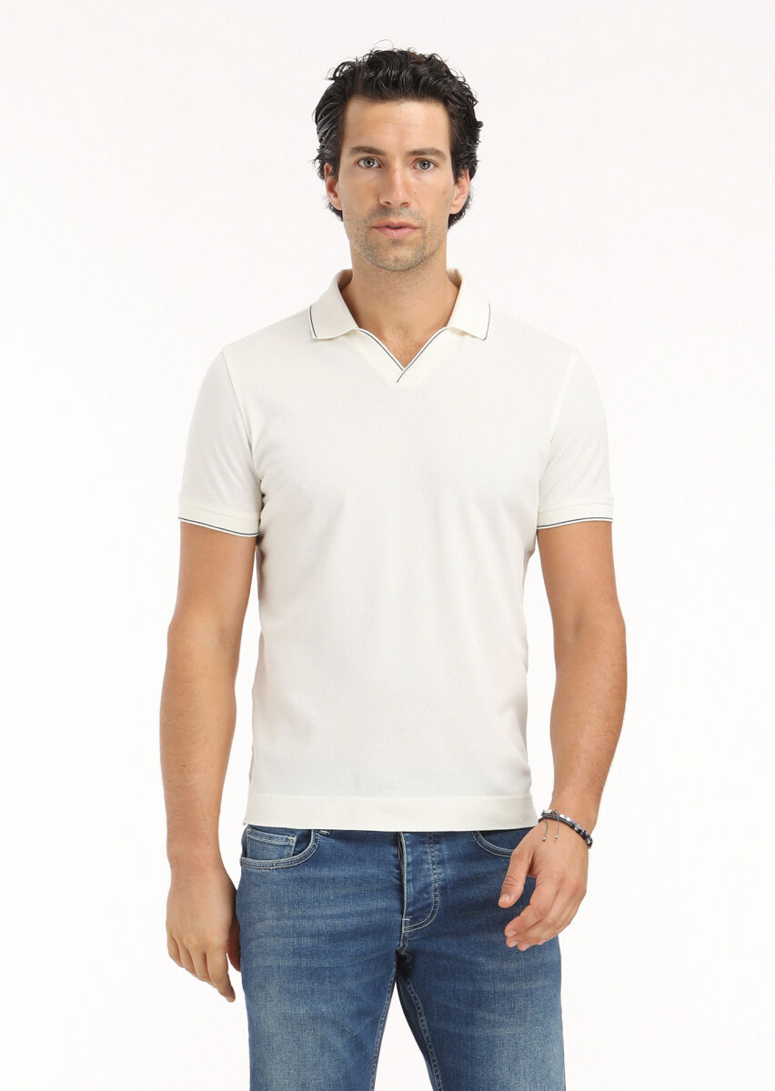 Ecru Jacquard Polo Neck 100% Cotton T-Shirt - 2