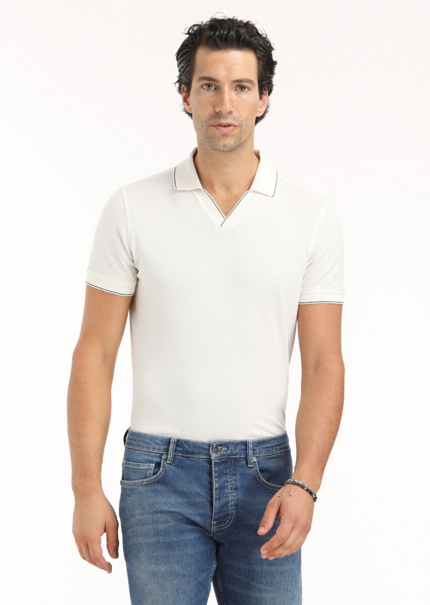 Ecru Jacquard Polo Neck 100% Cotton T-Shirt - 3