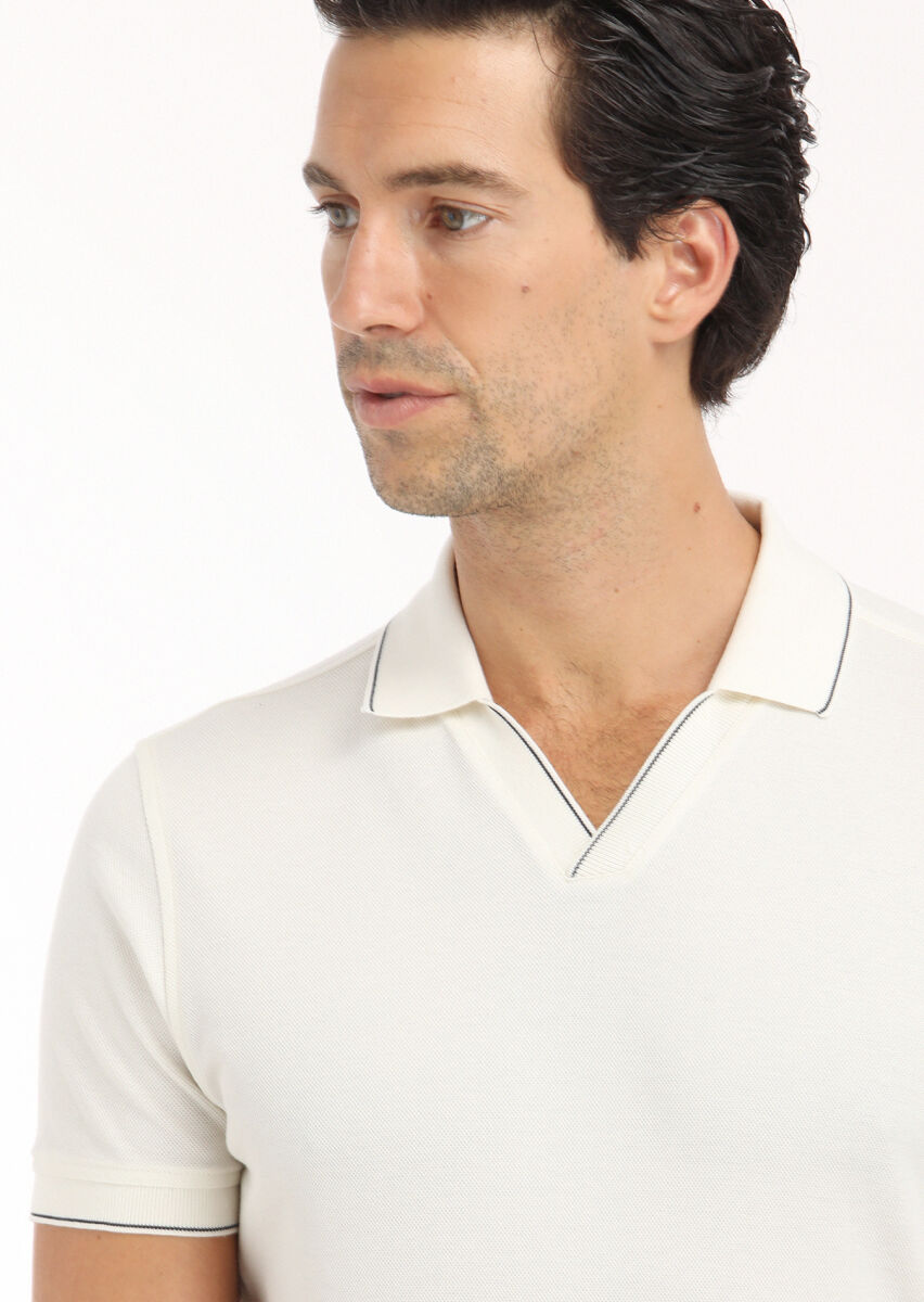 Ecru Jacquard Polo Neck 100% Cotton T-Shirt - 5