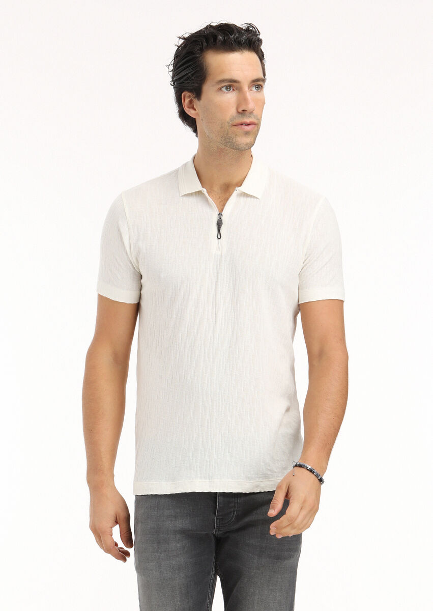 Ecru Jacquard Polo Neck 100% Cotton T-Shirt - 3