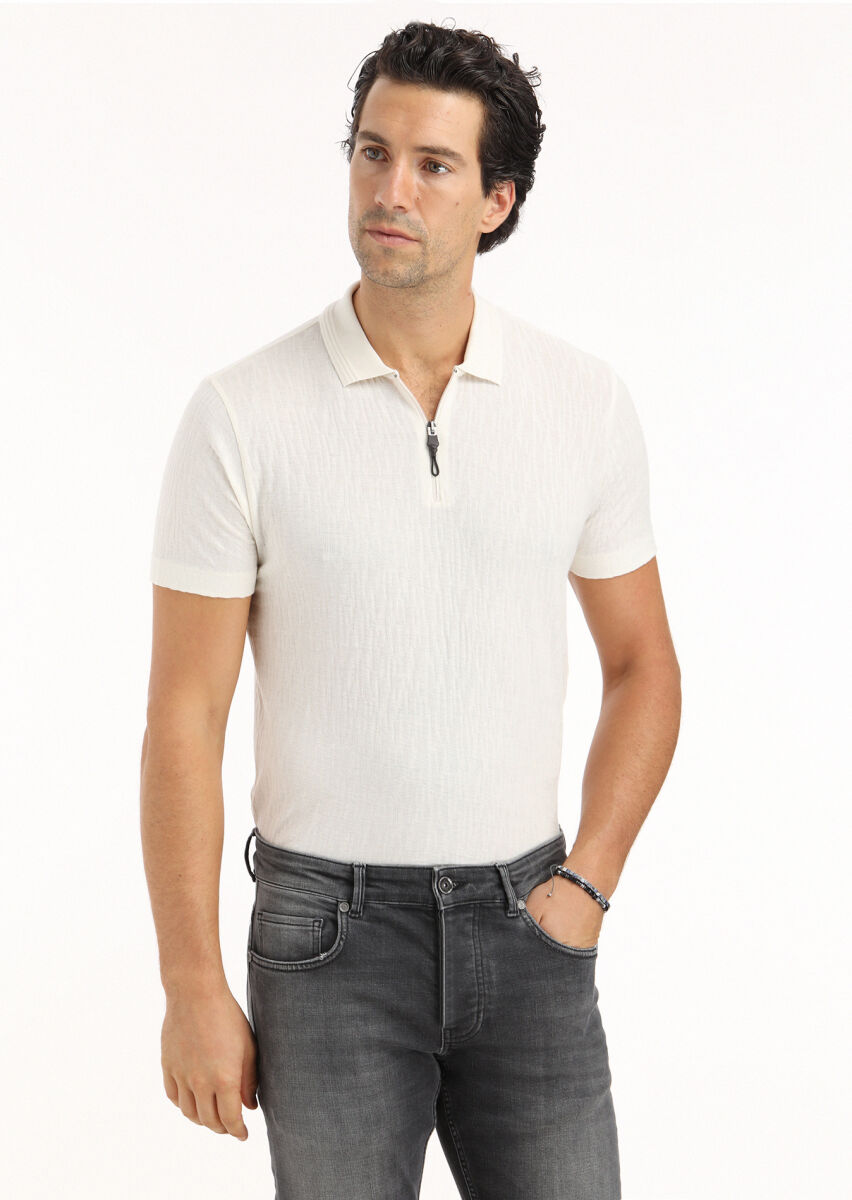 Ecru Jacquard Polo Neck 100% Cotton T-Shirt - 2