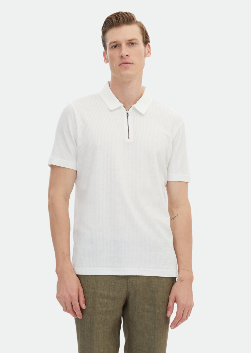 Ecru Jacquard Polo Neck 100% Cotton T-Shirt 
