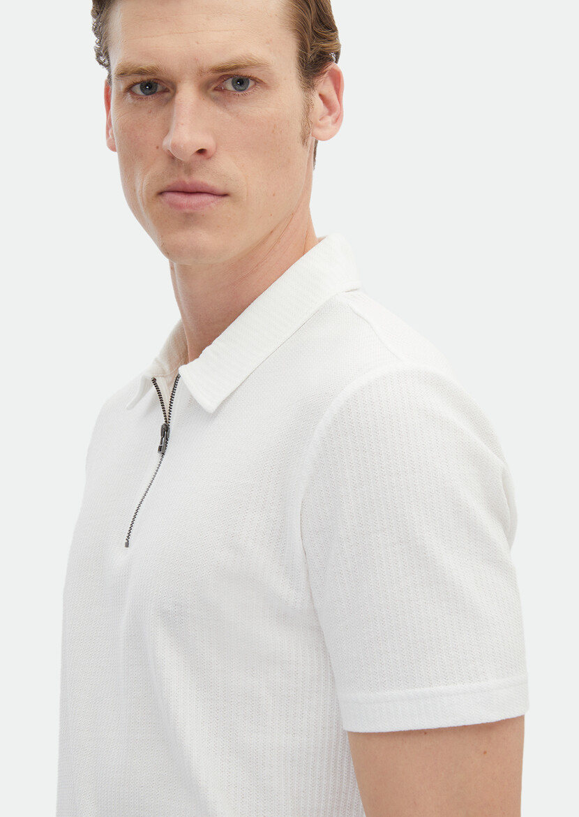 Ecru Jacquard Polo Neck 100% Cotton T-Shirt - 5