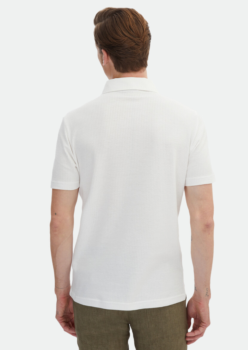 Ecru Jacquard Polo Neck 100% Cotton T-Shirt - 7