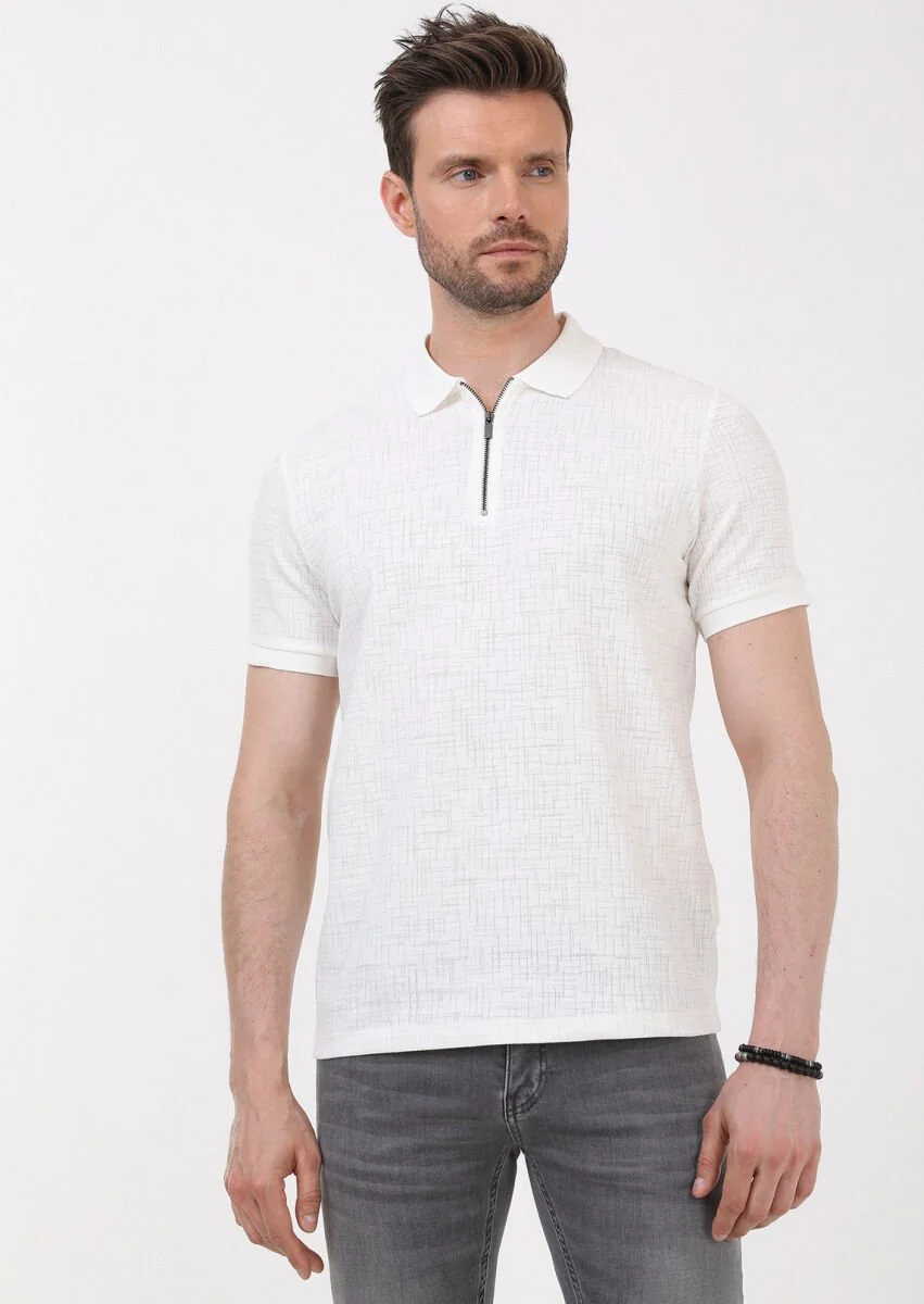 Ecru Jacquard Polo Neck Cotton Blended T-Shirt - 1