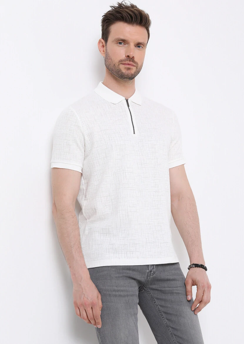 Ecru Jacquard Polo Neck Cotton Blended T-Shirt 