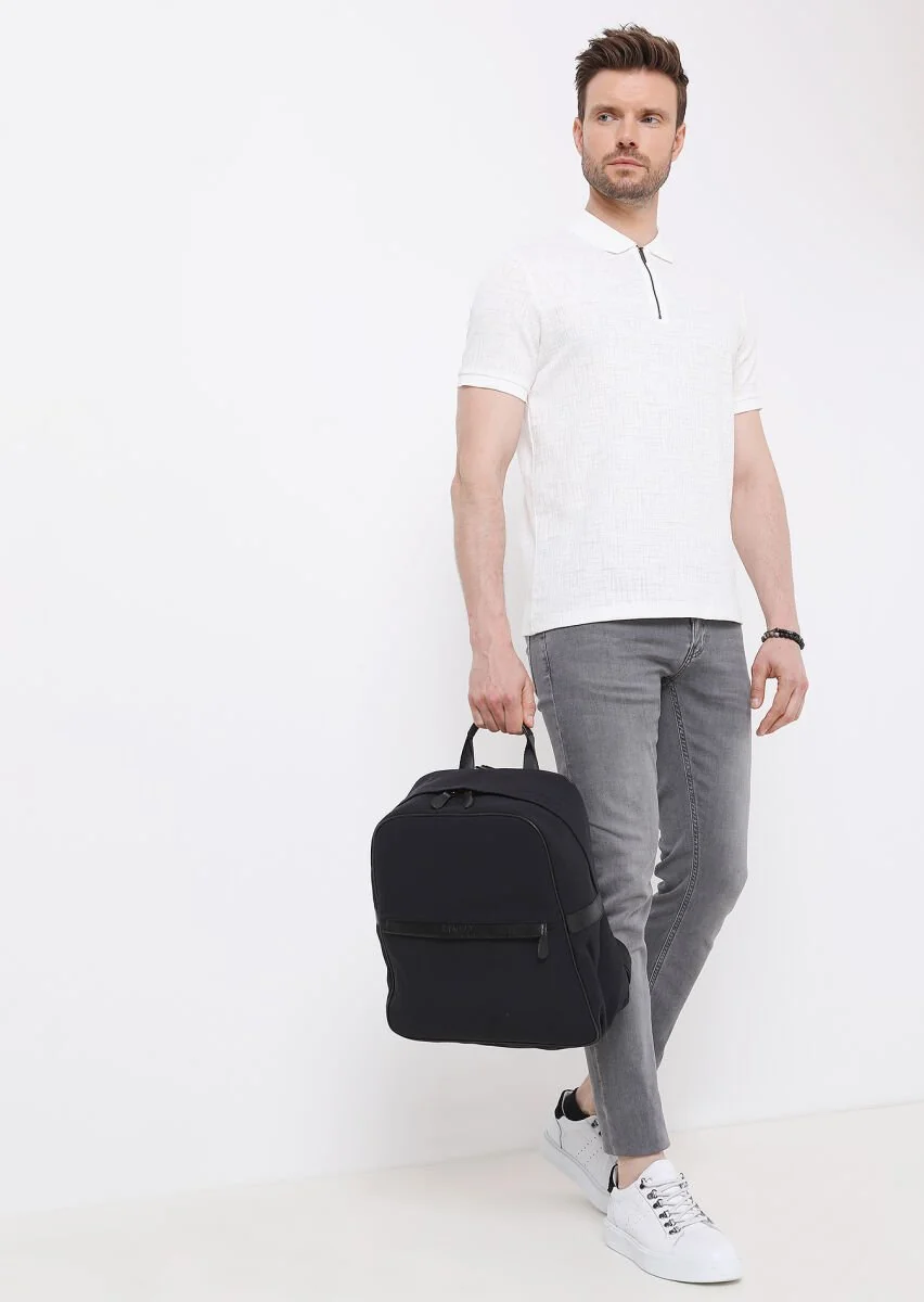 Ecru Jacquard Polo Neck Cotton Blended T-Shirt - 3