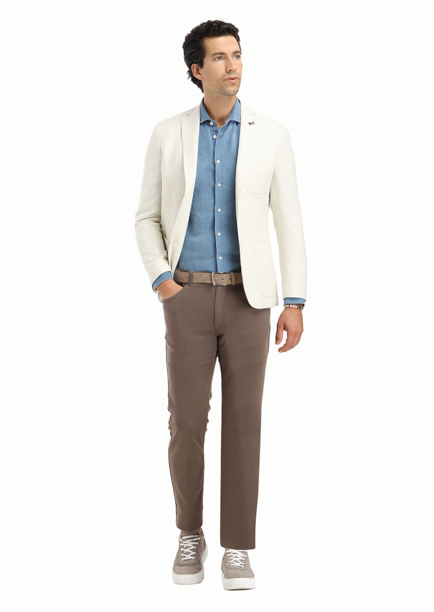 Ecru Micro Shirt Shoulder Slim Fit Cotton Blended Jacket - 1