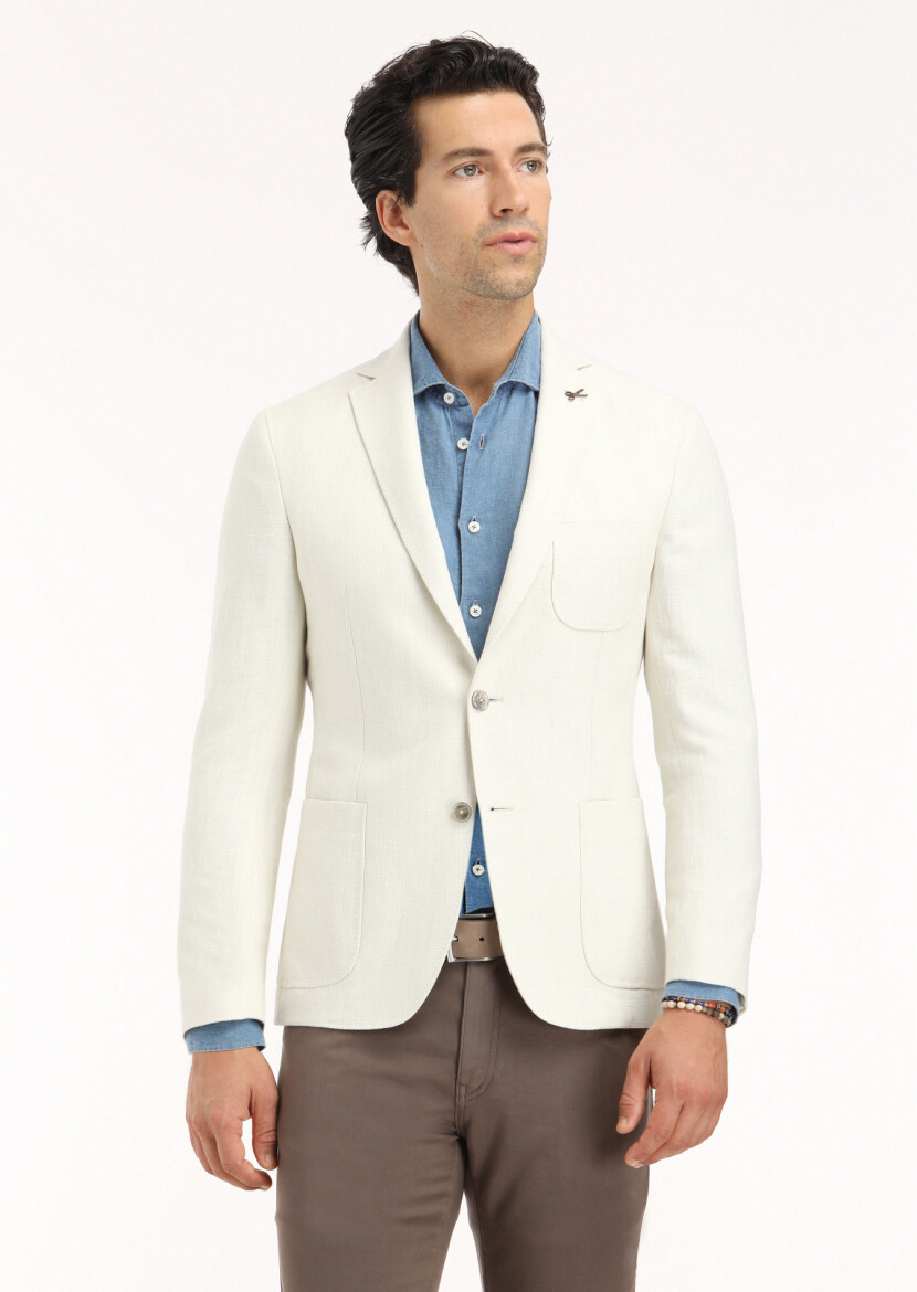 Ecru Micro Shirt Shoulder Slim Fit Cotton Blended Jacket - 2
