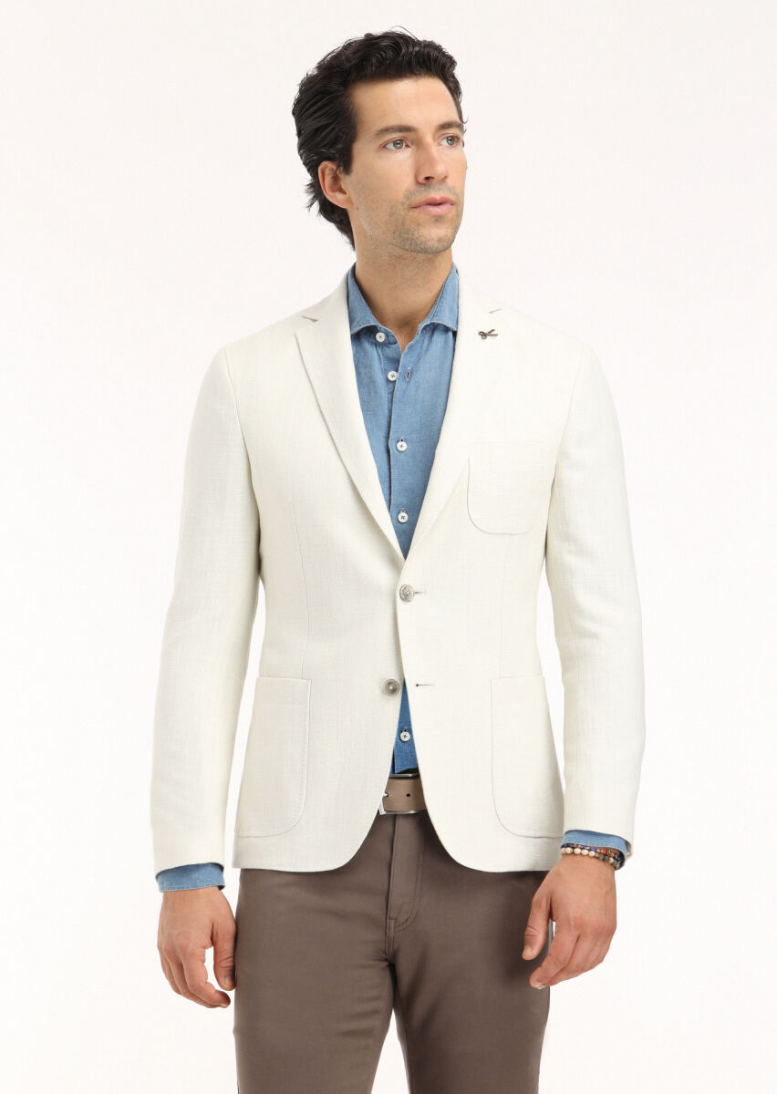 Ecru Micro Shirt Shoulder Slim Fit Cotton Blended Jacket - 2