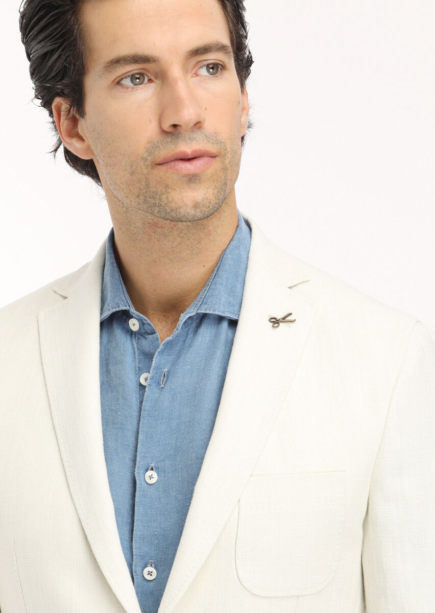 Ecru Micro Shirt Shoulder Slim Fit Cotton Blended Jacket - 3
