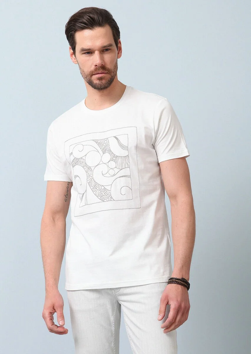 Ecru Patterned 100% Cotton T-Shirt - 1