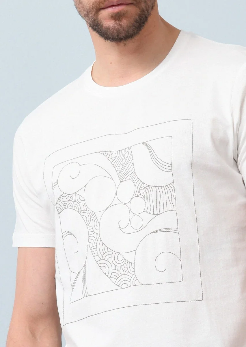 Ecru Patterned 100% Cotton T-Shirt - 2