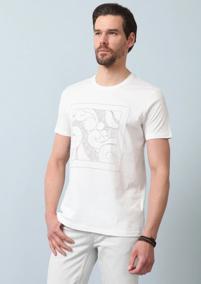 Ecru Patterned 100% Cotton T-Shirt - 3