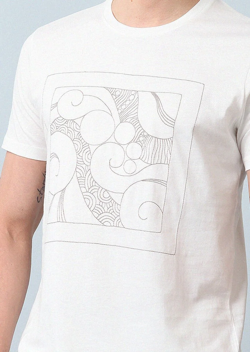 Ecru Patterned 100% Cotton T-Shirt - 4