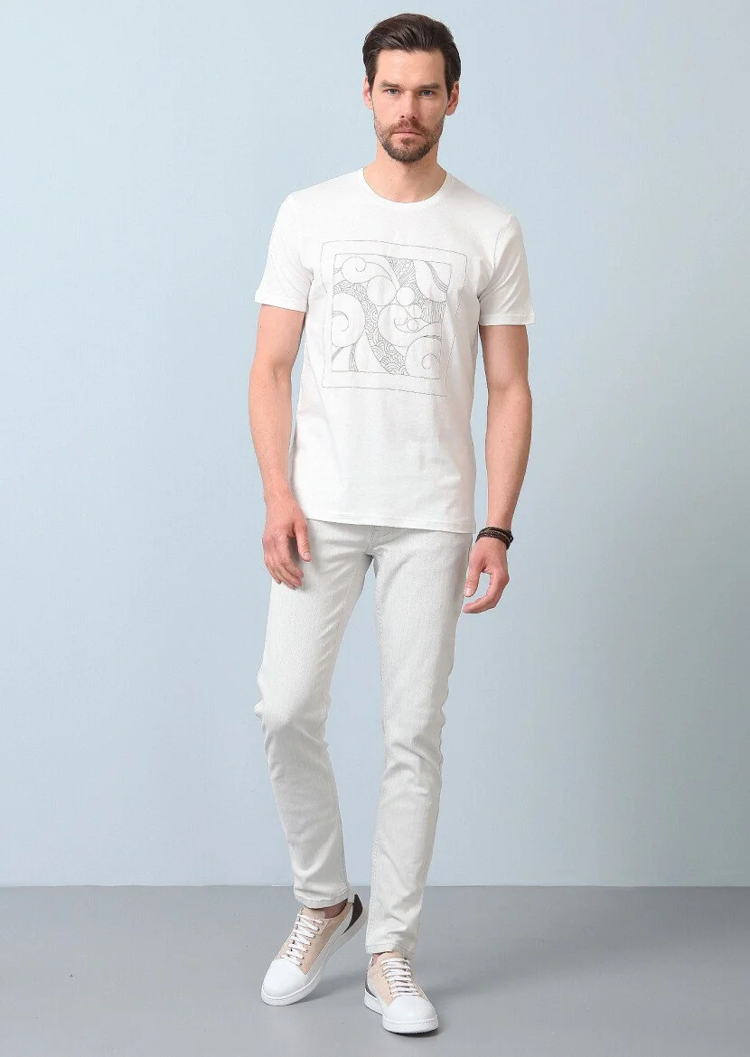 Ecru Patterned 100% Cotton T-Shirt - 5
