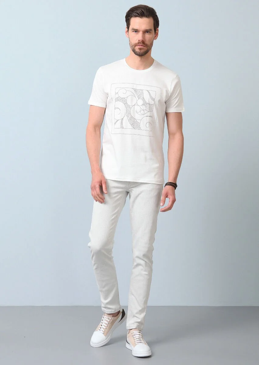Ecru Patterned 100% Cotton T-Shirt - 5