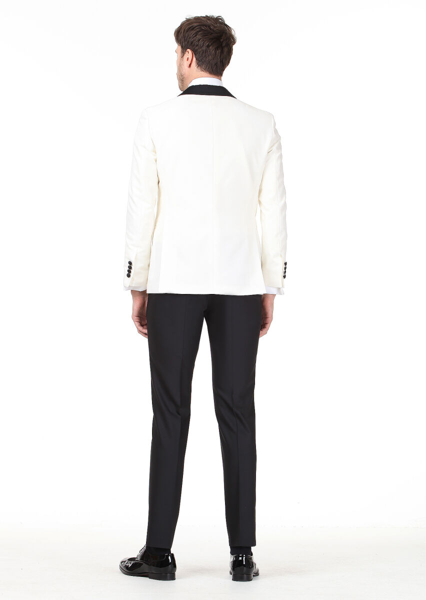 Ecru Patterned Modern Fit Shawl Collar Weaving Tuxedo - 4