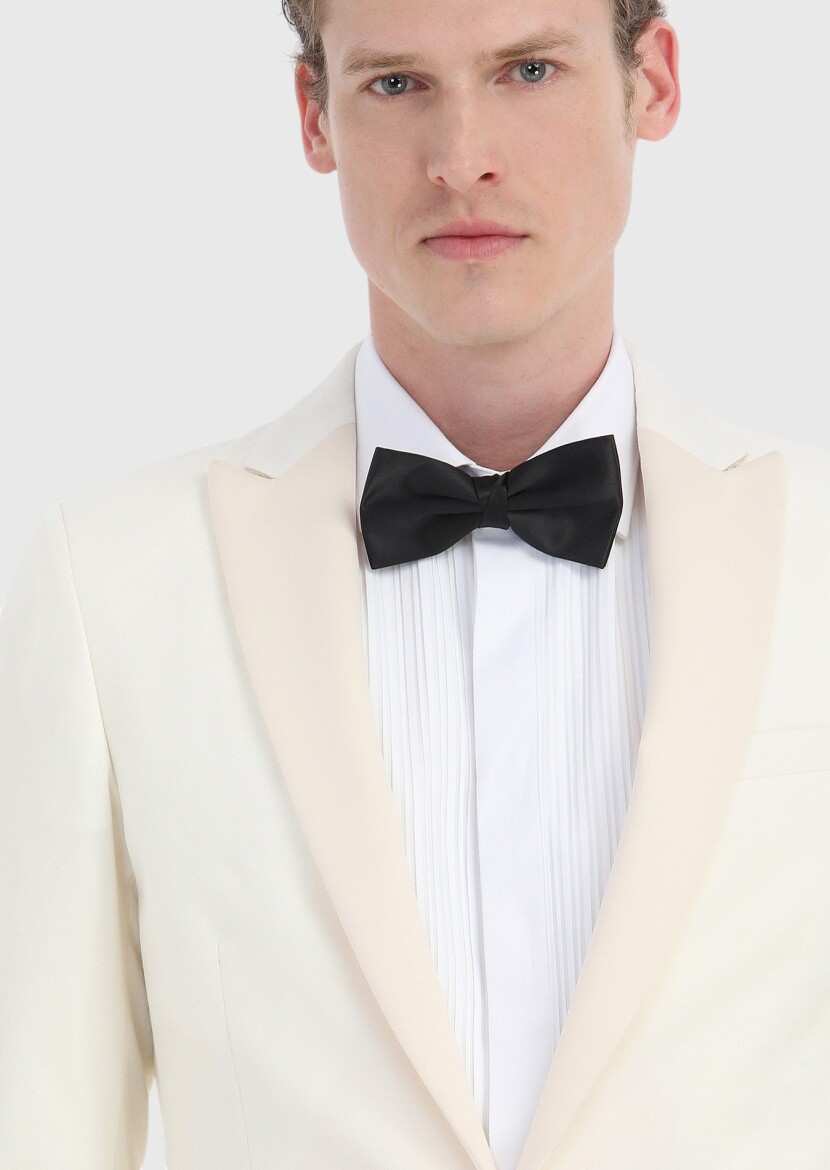 Ecru Patterned Fashion Slim Fit Double Breasted Collar Weaving Tuxedo - 4