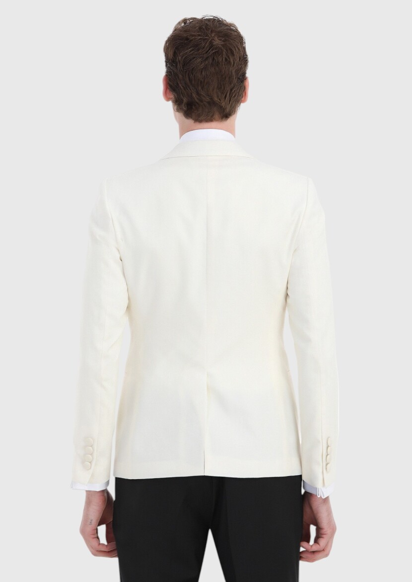 Ecru Patterned Fashion Slim Fit Double Breasted Collar Weaving Tuxedo - 5